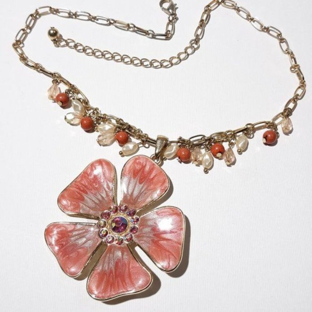 Kenneth Cole Enameled Dogwood Pendant Pink Choker Fresh Water Pearls